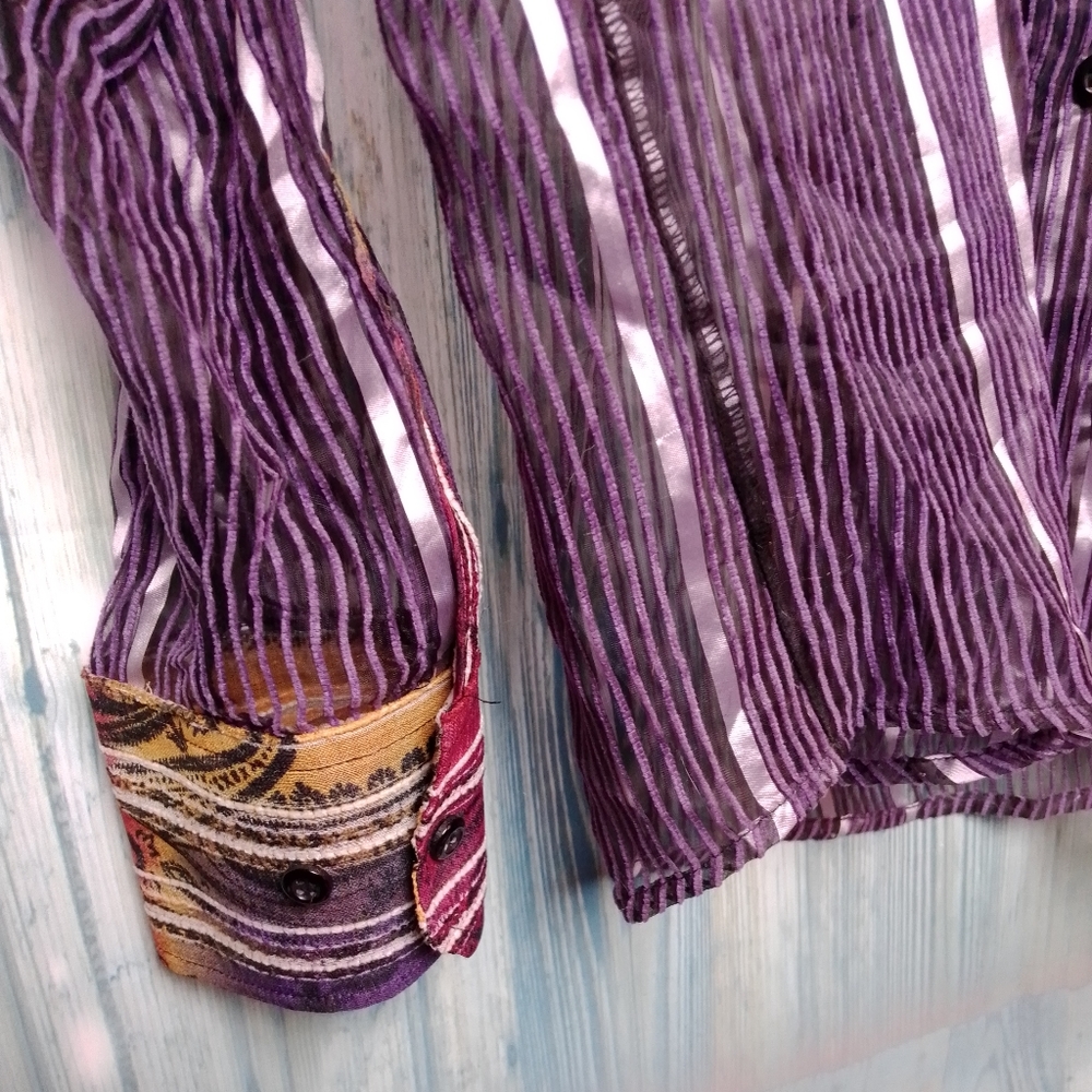 James Lord James Lord vertical striped sheer breezy button down shirt purple 2x - Picture 7 of 8